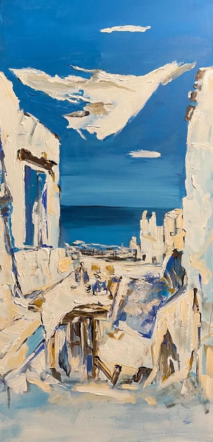 A white alley opening onto the sea, worked in heavy blue and white impasto
