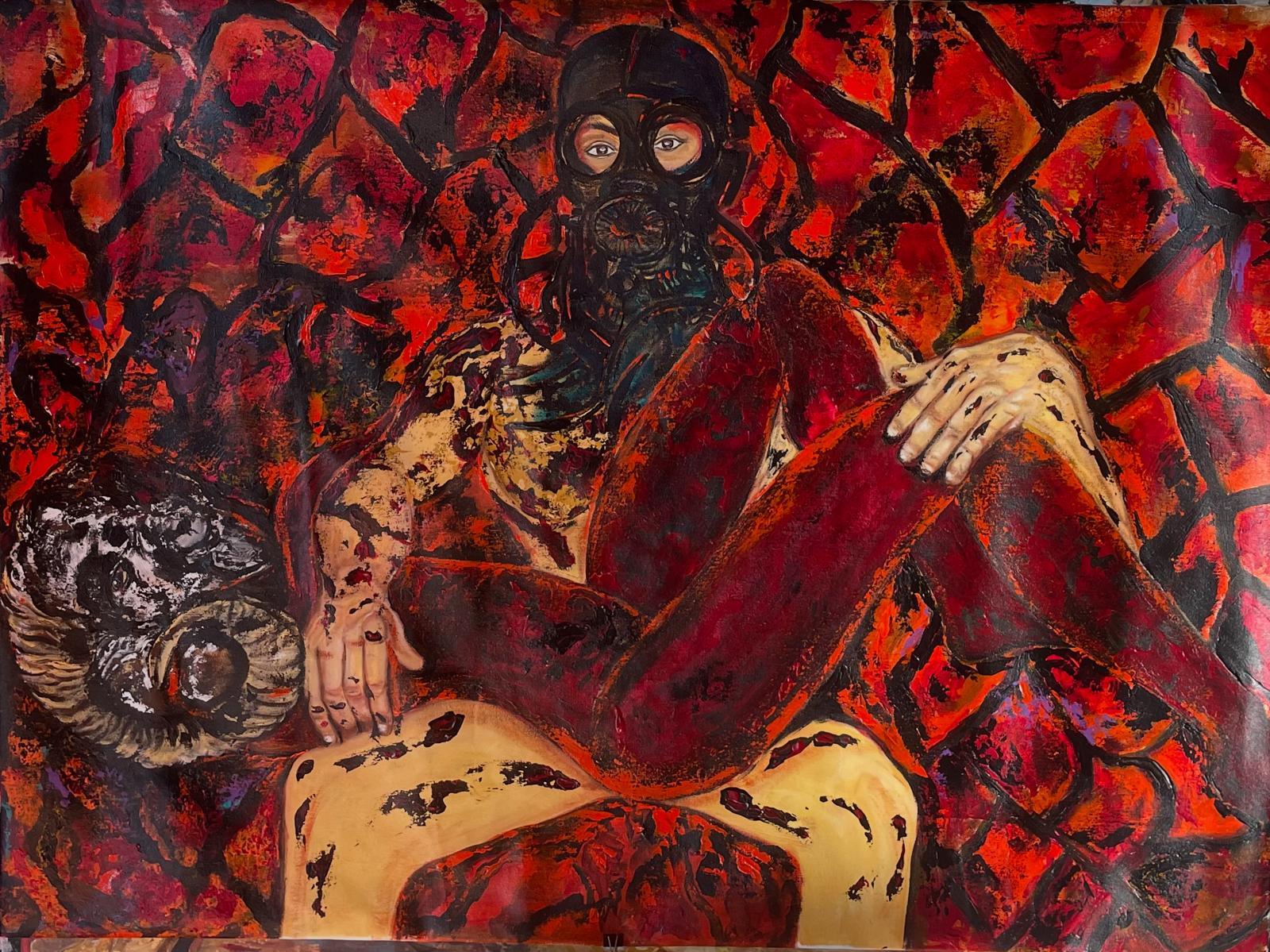 A seated figure in a gas mask against cracked red, a ram's skull beside them