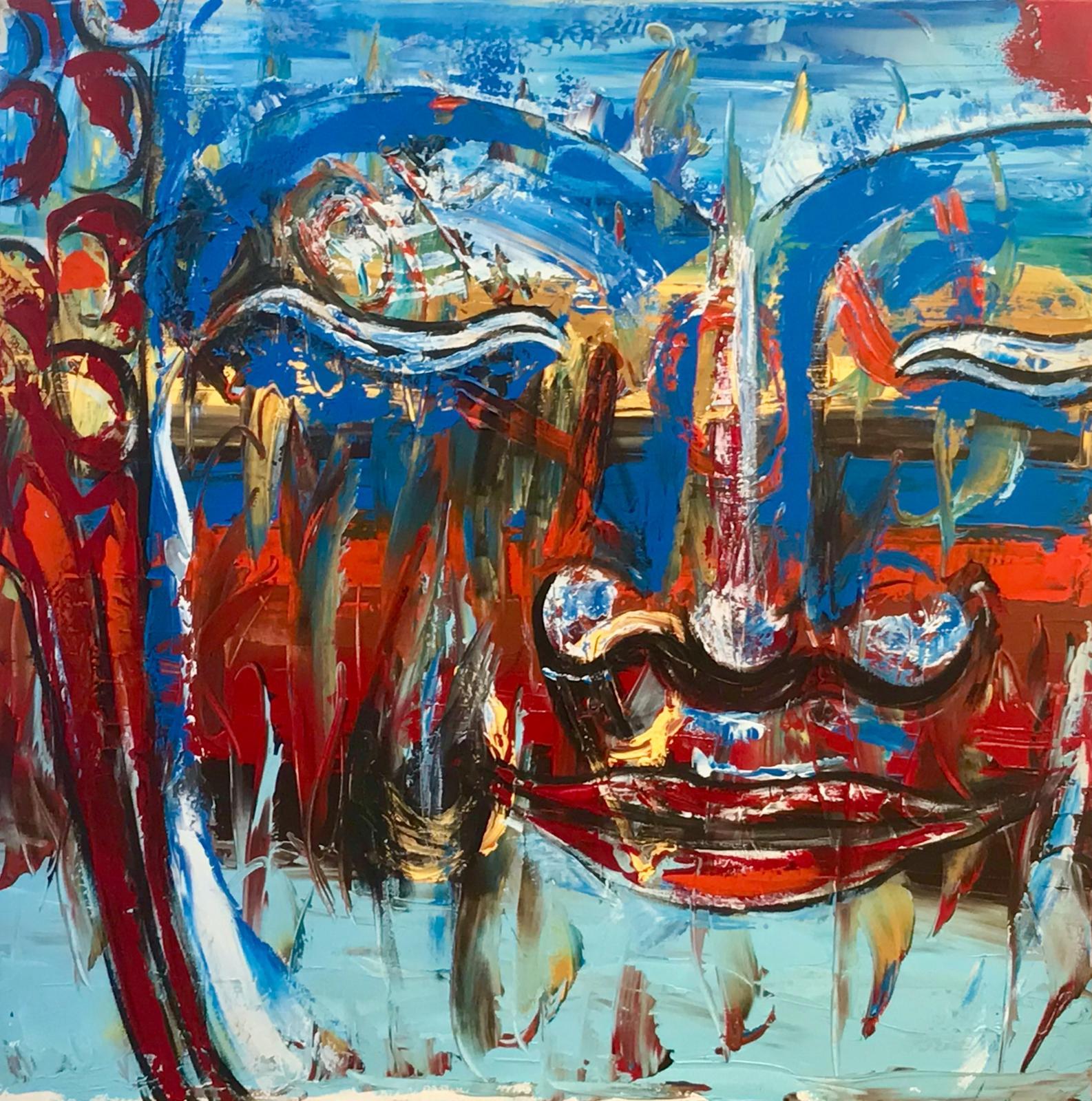 A face built from blue, red and white brushwork, filling the canvas