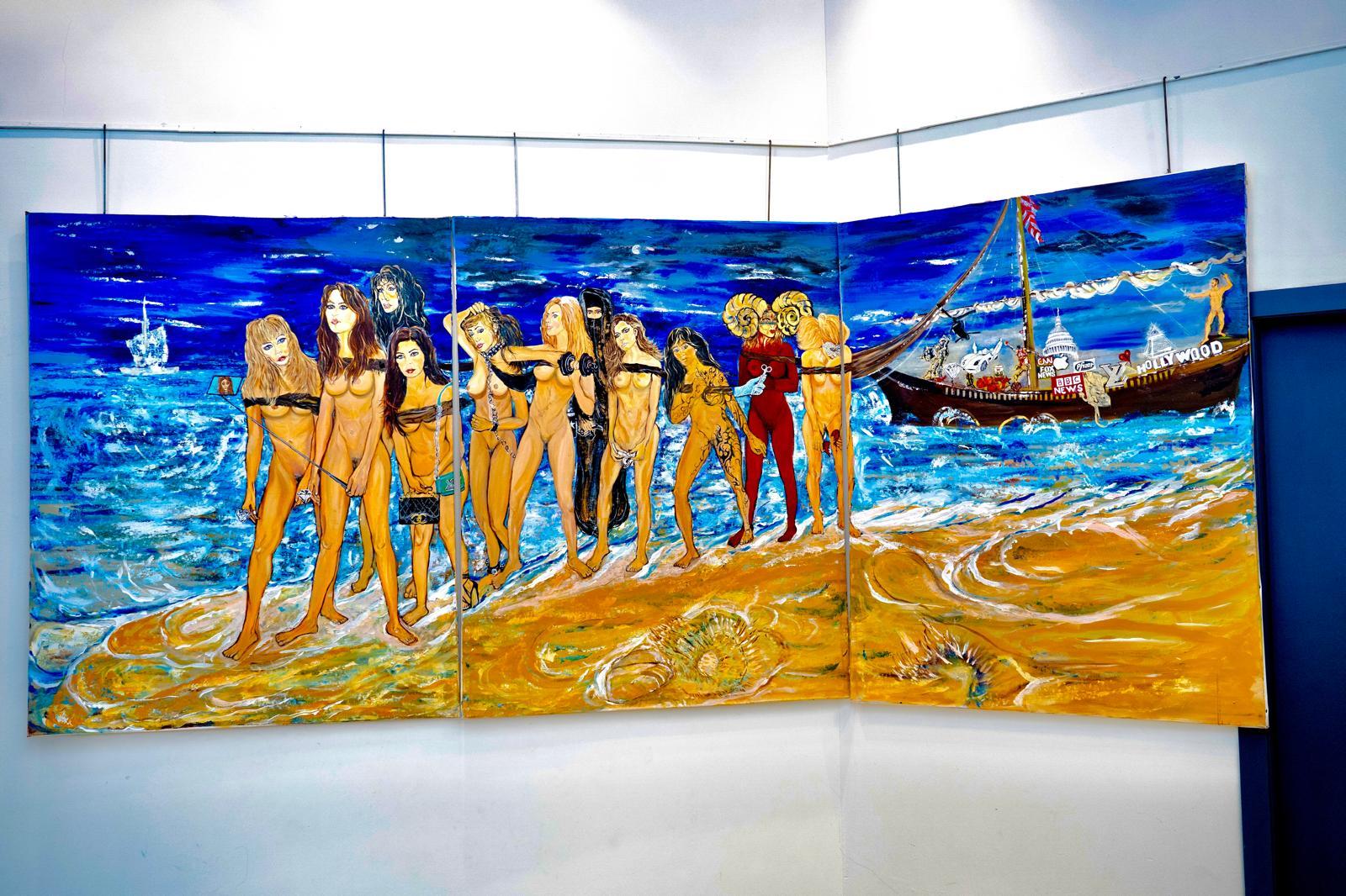 A triptych of figures on the shore beside a boat, hung across three panels