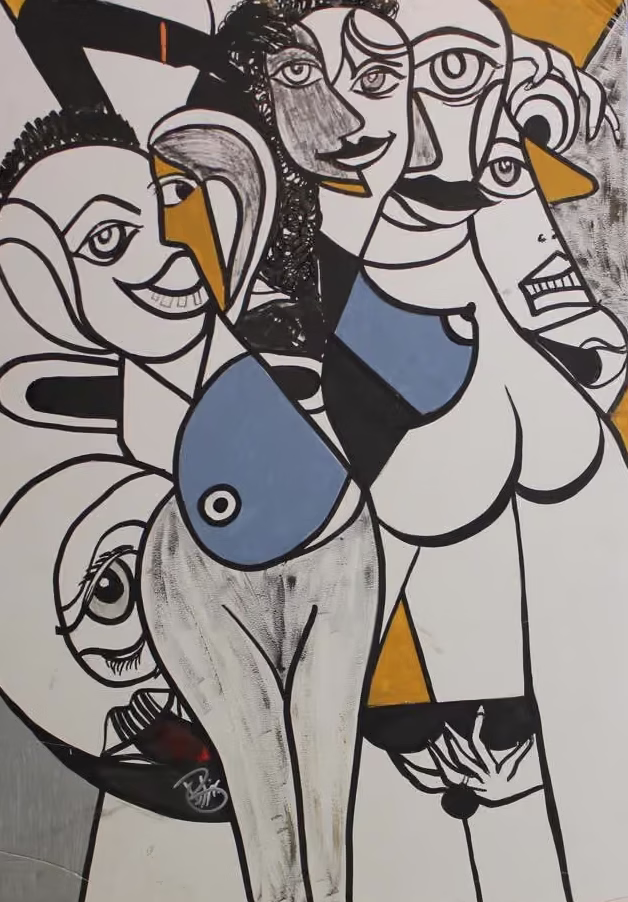 Interlocking figures in line and flat colour, a blue form at the centre
