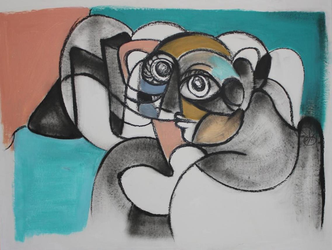 A reclining figure in charcoal against coral and teal