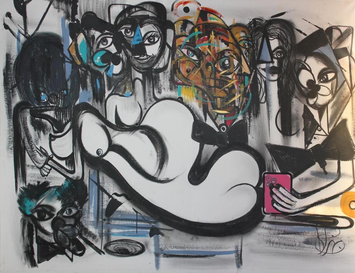 A reclining ink nude among crowded heads