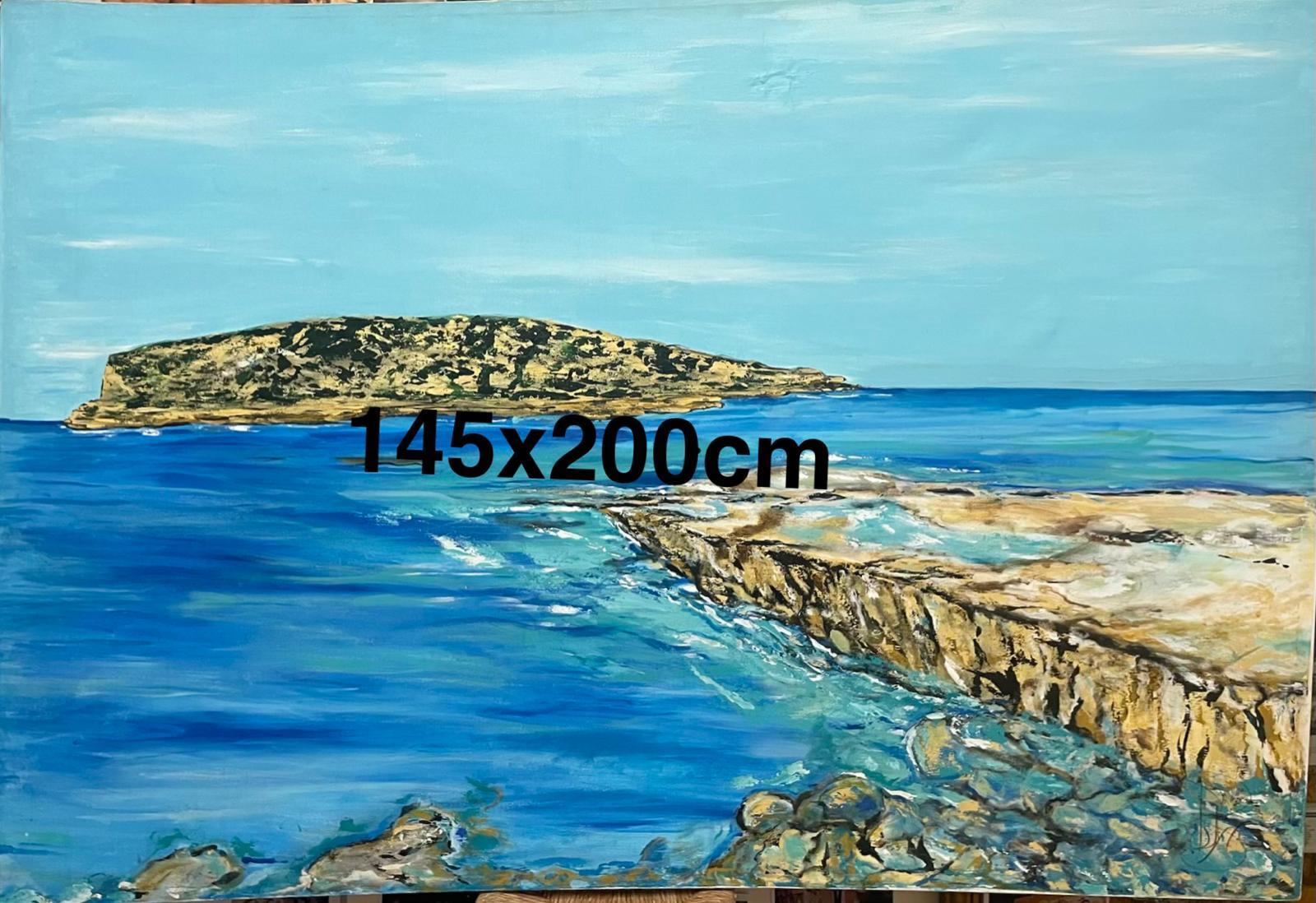 An islet off a rocky shore under a wide blue sky, in heavy impasto