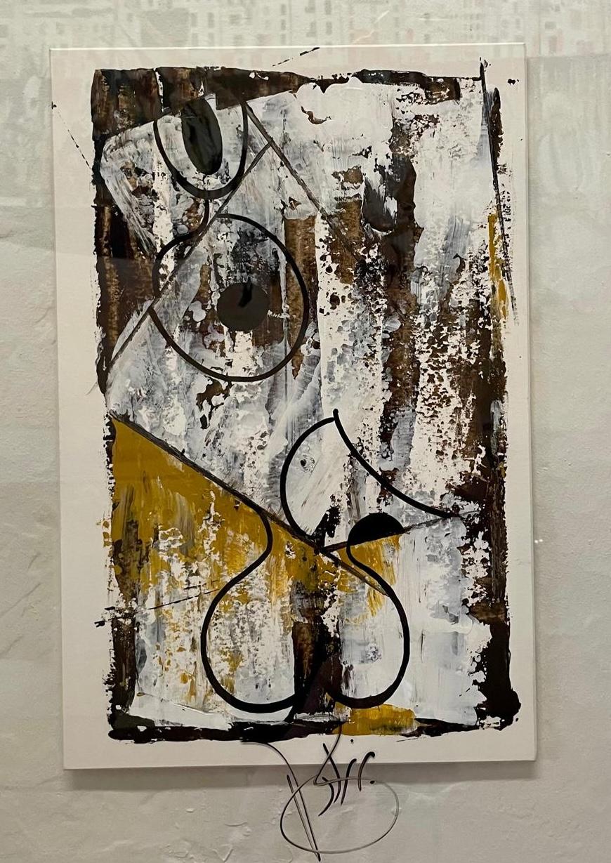 Looping black lines over white, ochre and dark brown, on paper