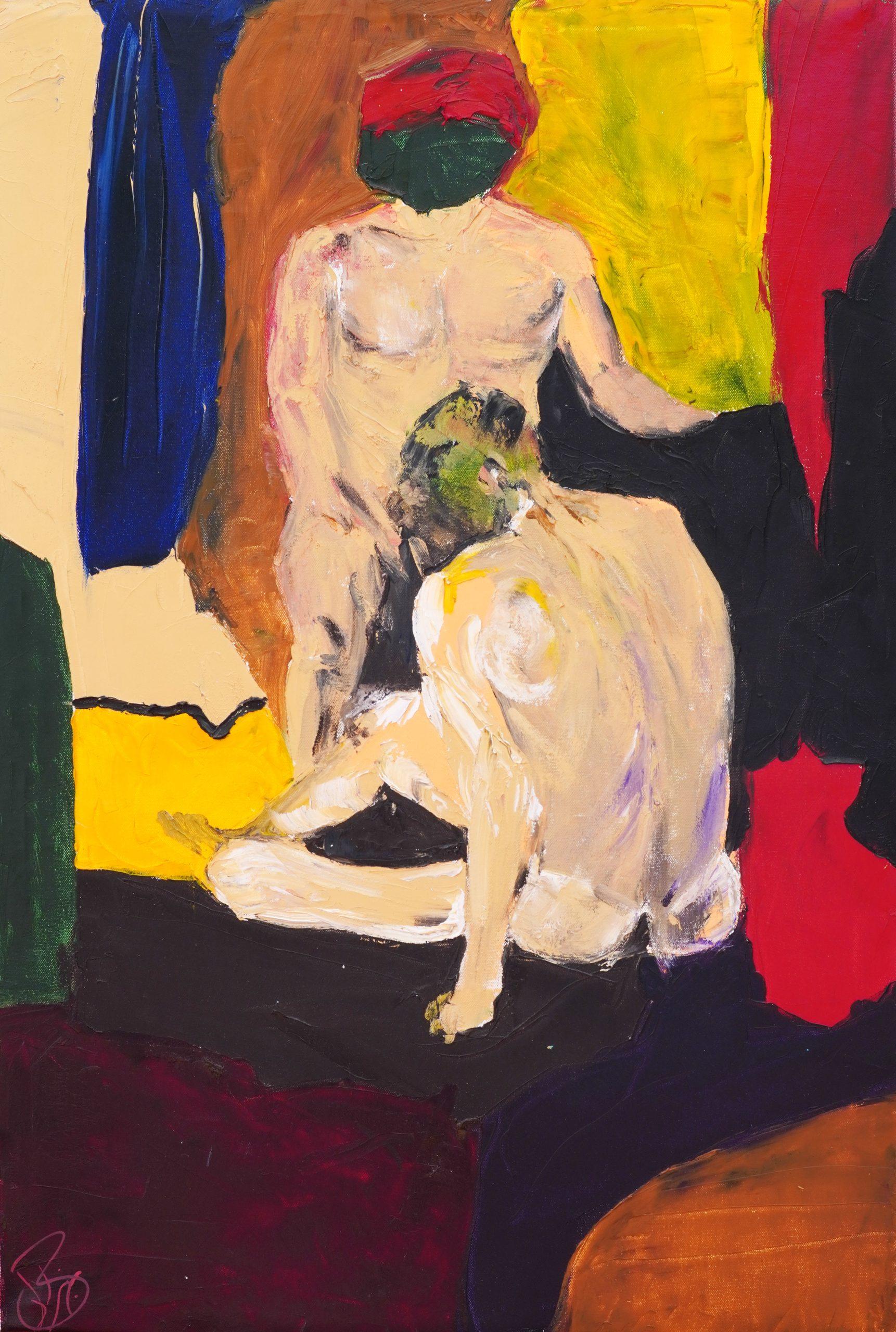Confusion — seated nude against blocks of red, green and black
