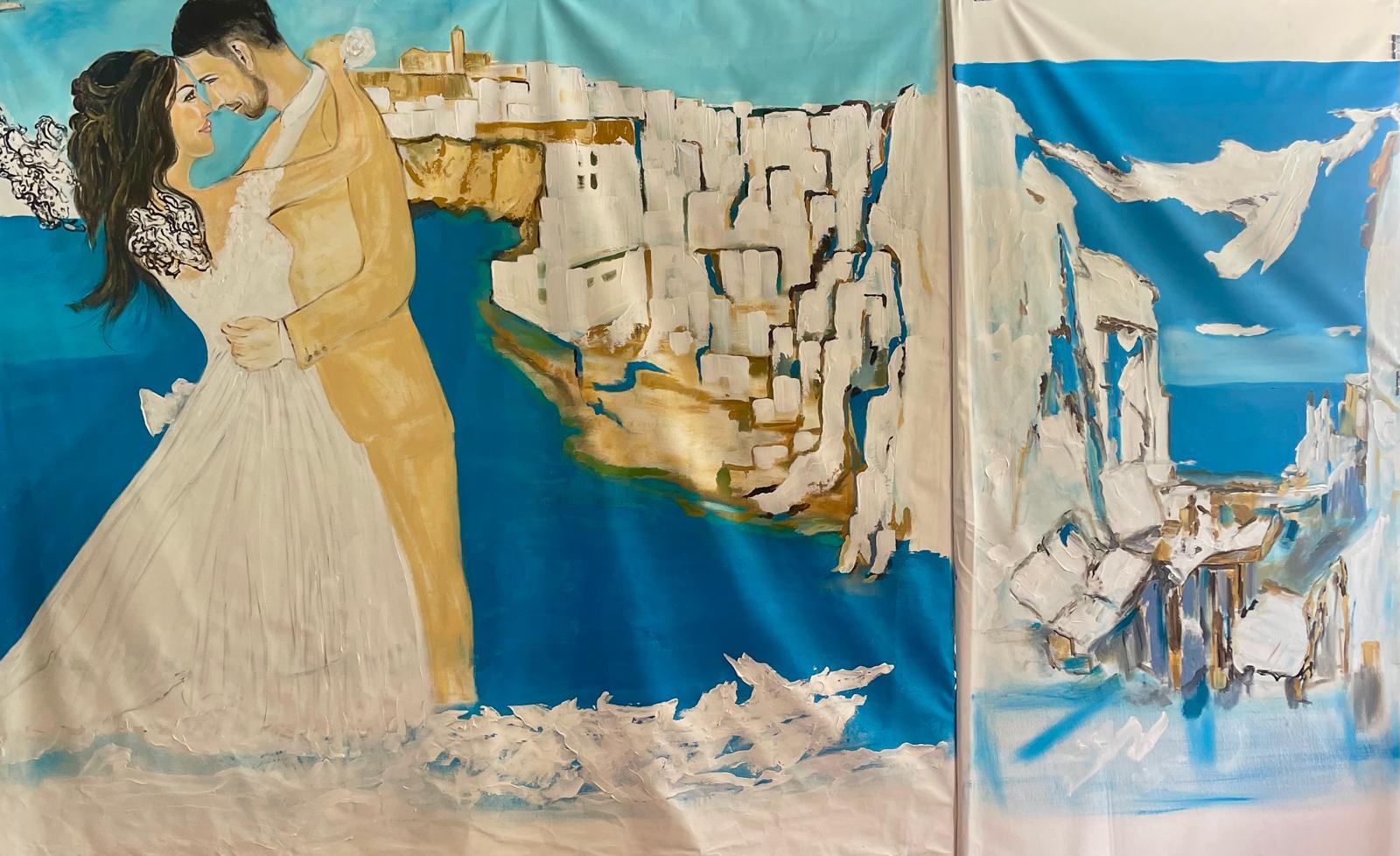 A wedding commission on canvas — the couple before the walls of Dalt Vila