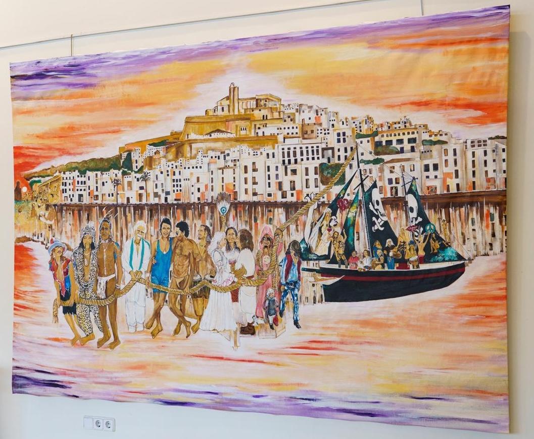 Hippies — a procession along the shore at sunset, a rigged boat alongside